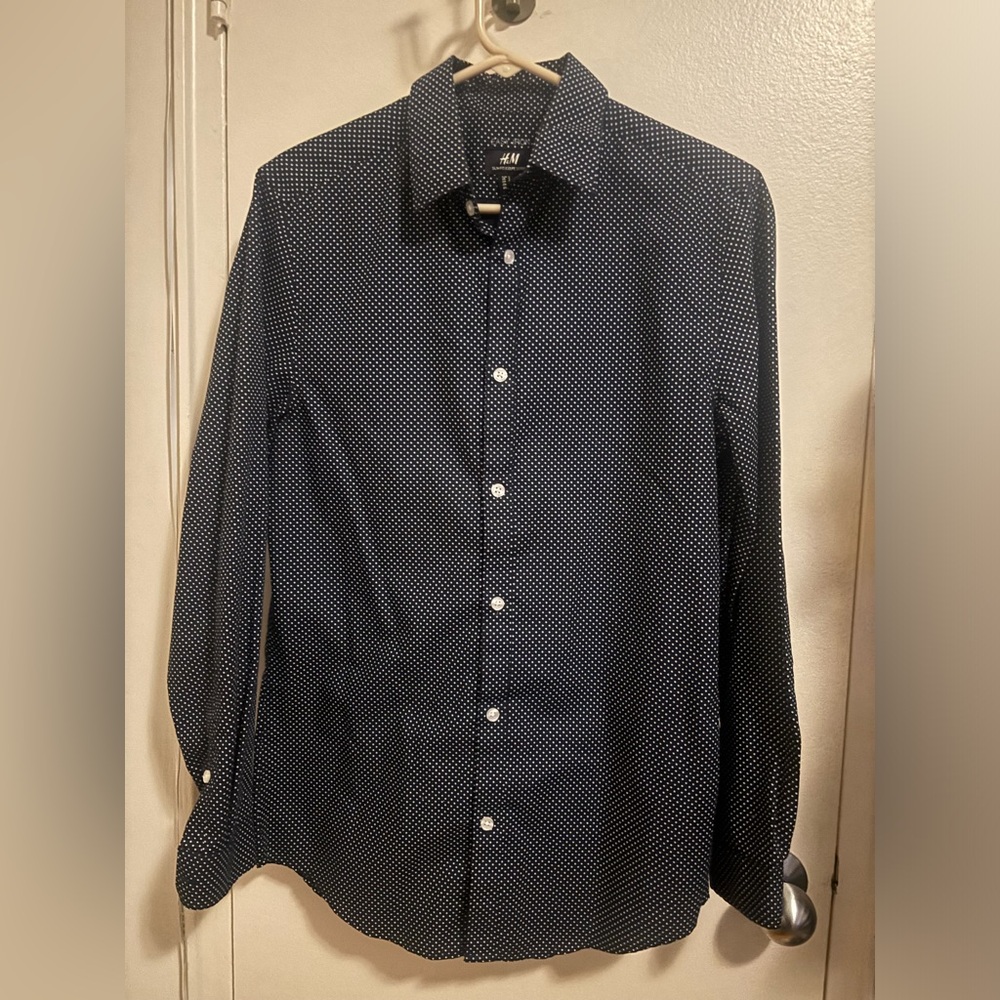 H&M Slim Fit Polka Dot Navy Blue White Button Up Dress Shirt Size S